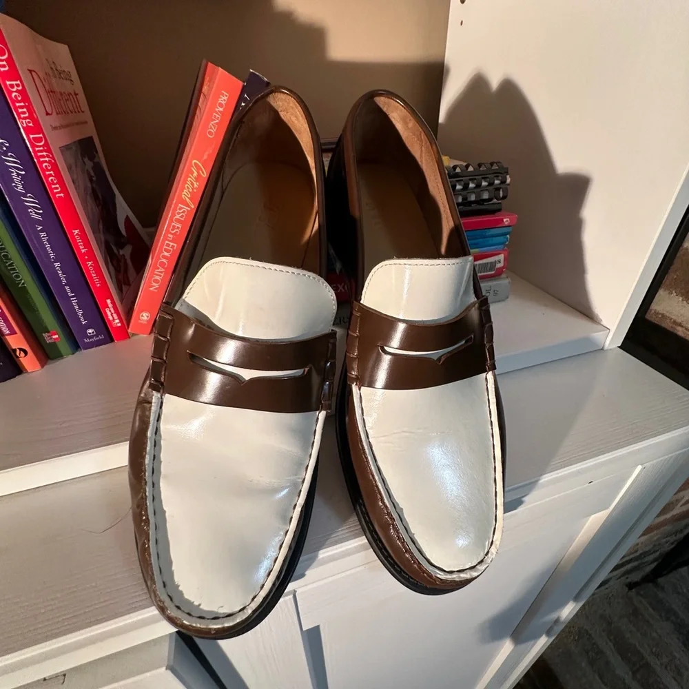 Zara Brown and Cream Leather Penny Loafers - Picture 5 of 14